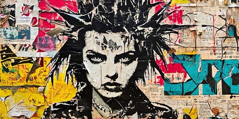 A woman's face is painted on a wall with graffiti and newspaper clippings
