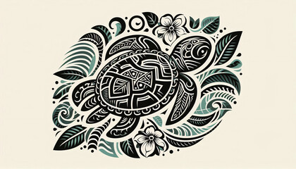 Black and white tribal illustration of a turtle surrounded by floral and leaf patterns, inspired by traditional Polynesian designs.