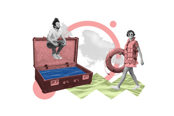 Poster banner collage of two people lady guy prepare for dream resort with open luggage summer stuff shopping sale concept