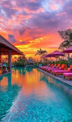 Sunset reflecting in pool with lounge chairs.