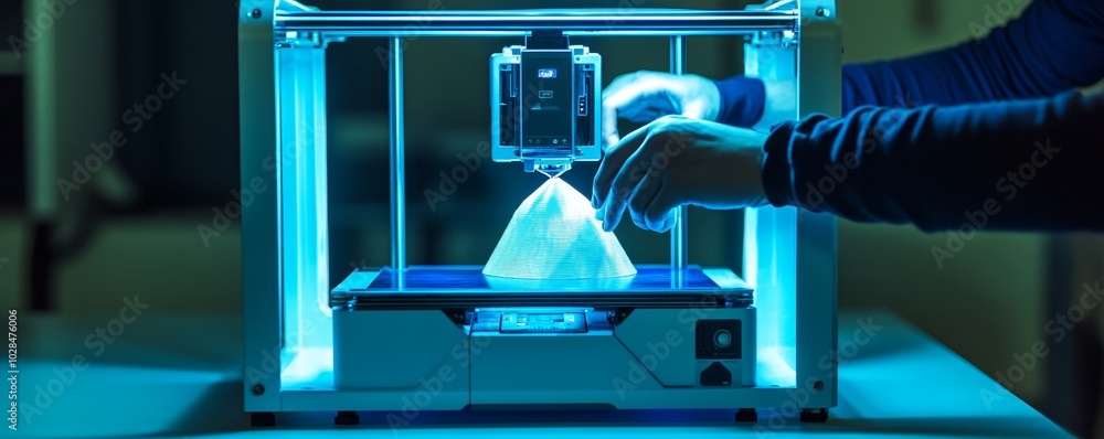 Poster innovative 3d printer in action, showcasing modern technology and precision in creating intricate de