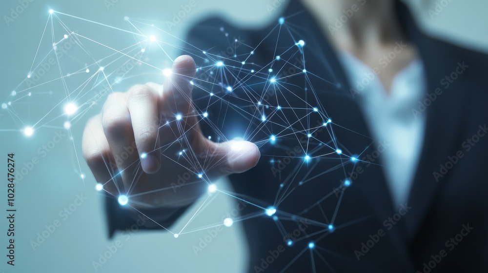 Poster a business professional interacting with a digital network interface, symbolizing technology and inn