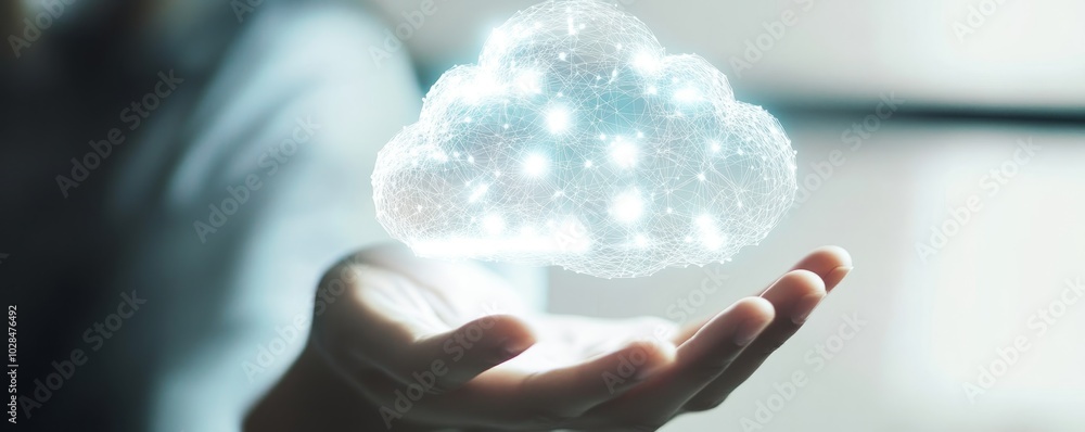 Poster a person holds a glowing cloud symbolizing data storage and technology, representing the concept of 