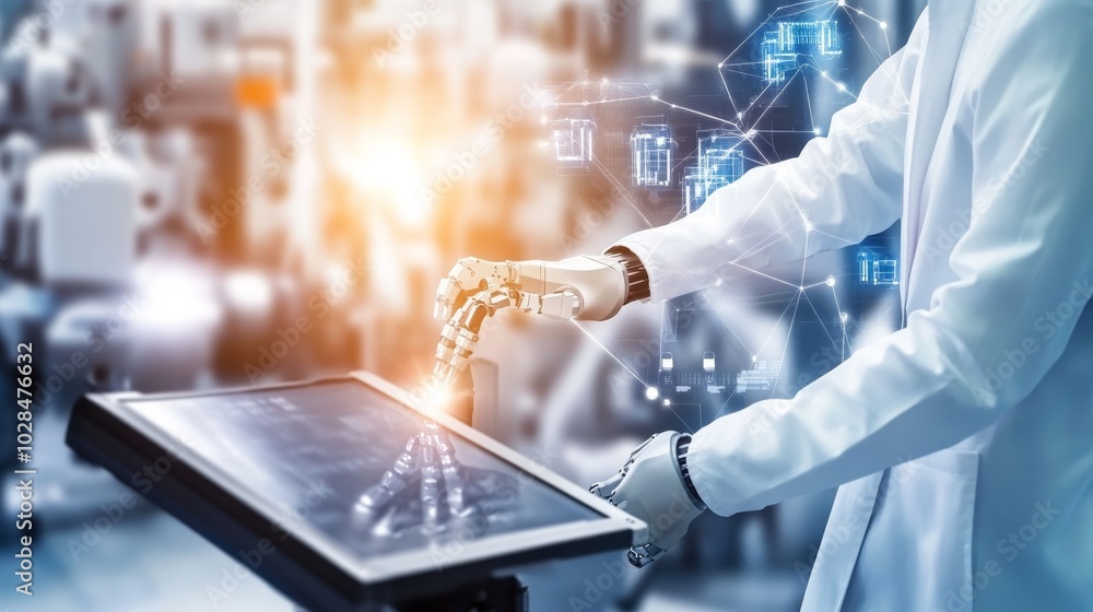 Aufkleber a professional using a tablet to interact with robotic technology in a modern setting, showcasing in