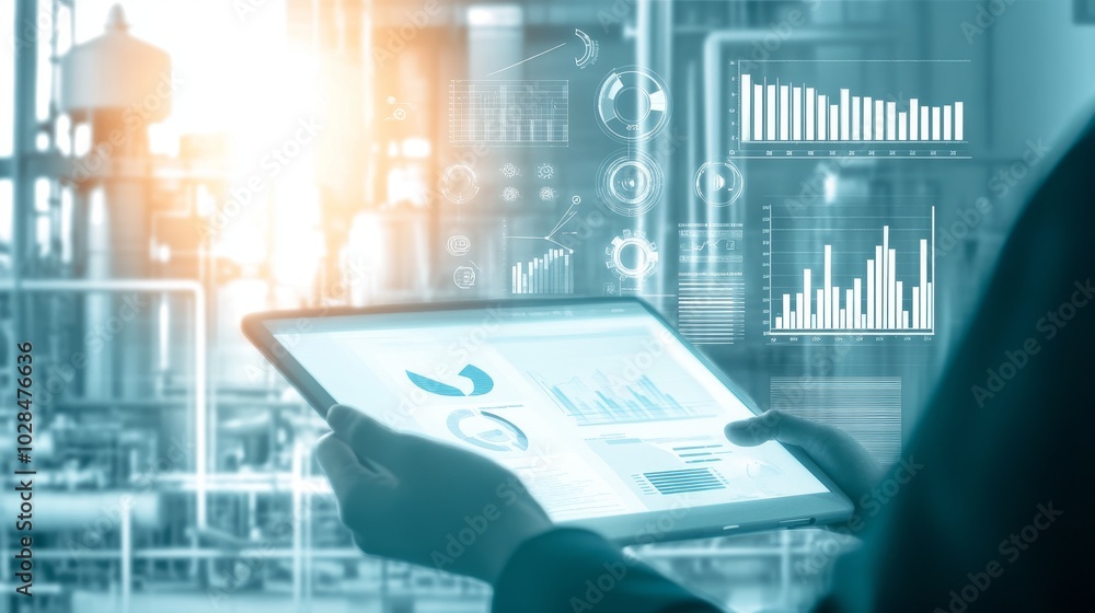 Poster a business professional analyzing data on a tablet in a modern industrial setting, showcasing digita