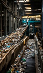 Industrial recycling conveyor belt filled with plastic.