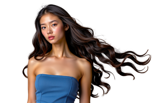 Beautiful asian woman with long flowing hair posing in studio