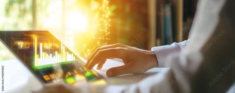 Aufkleber a person analyzing data on a tablet with sunlight streaming through a window, symbolizing productivi