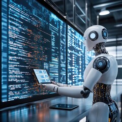 Futuristic robot, technology background, coding display, AI working, digital screen, modern workspace, high tech lab