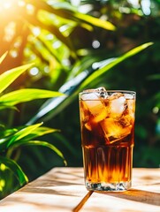 Refreshing iced beverage in a lush tropical setting