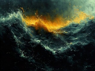 Fototapeta premium Abstract Ocean Painting: Dramatic Waves and Golden Light