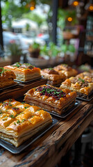 Fototapeta premium An exquisite variety of delicious puff pastries in a cozy bistro, surrounded by greenery. The pastries are beautifully displayed on metal trays, tempting all culinary enthusiasts