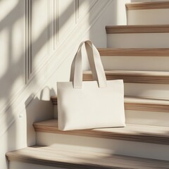 Tote bag placed on the stairs. Natural material tote bag mock up. White canvas tote, blank template. Shopping bag mockup Your design here.	
