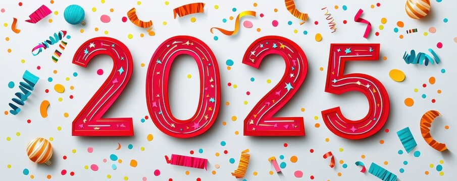 Celebrate the arrival of 2025 with vibrant decorations and joyful confetti for a festive New Year atmosphere.