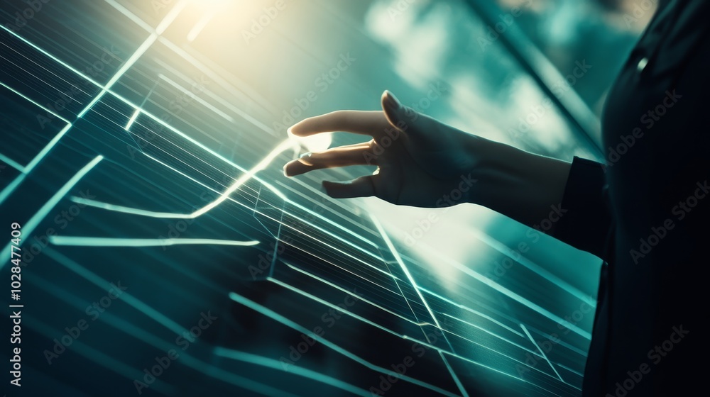 Poster a hand interacts with a futuristic digital interface, symbolizing technology and innovation in data 
