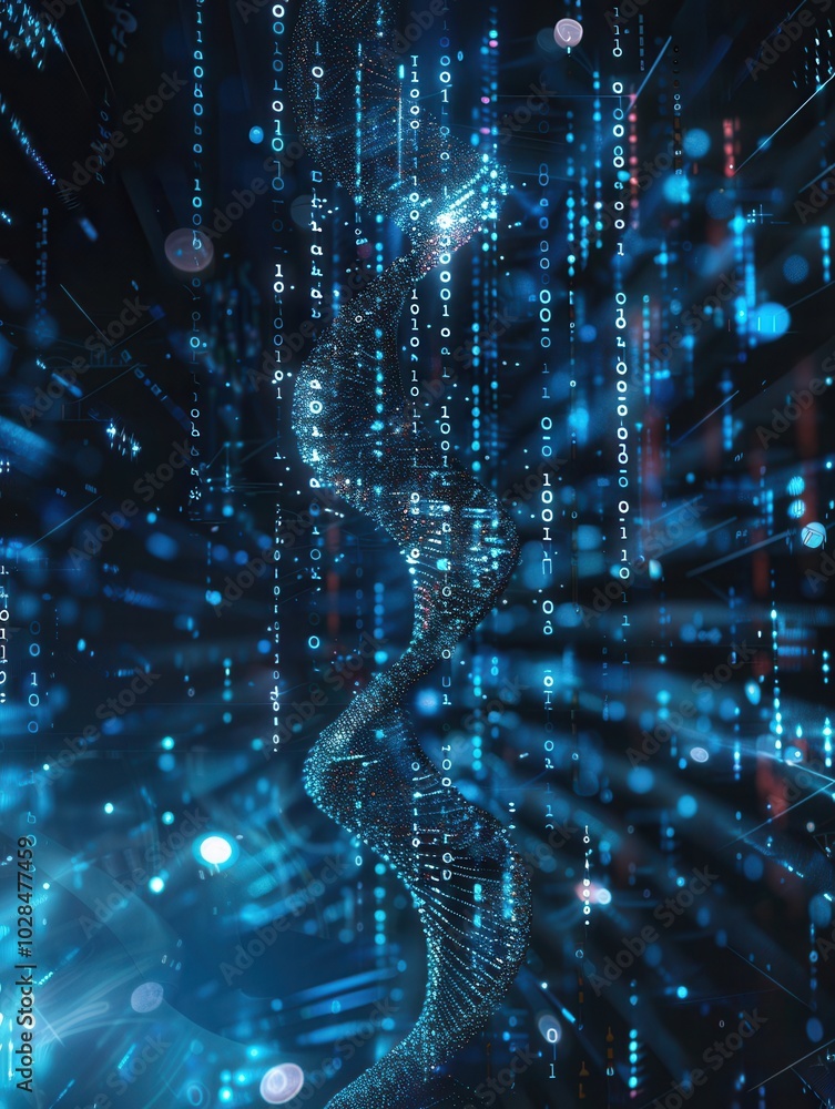 Poster this visual showcases a 3d dna strand entwined in vibrant digital data streams and binary code, repr