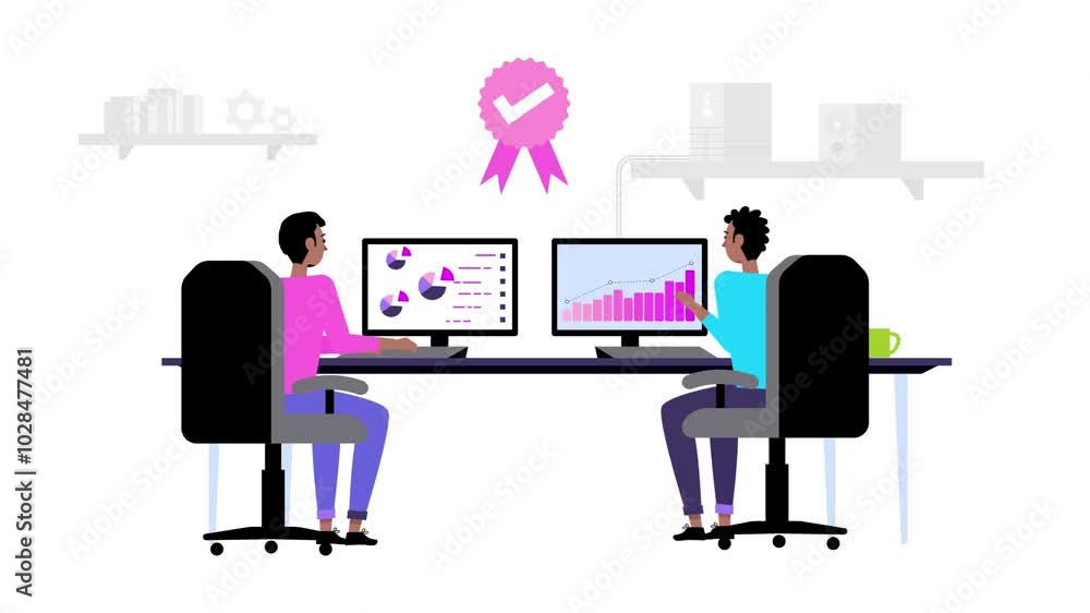 Poster blue tick checkmark with prestige ribbon appears on isolated background. pink mark check popups with