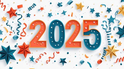 Fototapeta premium Colorful celebration background for the year 2025 featuring stars, confetti, and festive elements for New Year festivities.