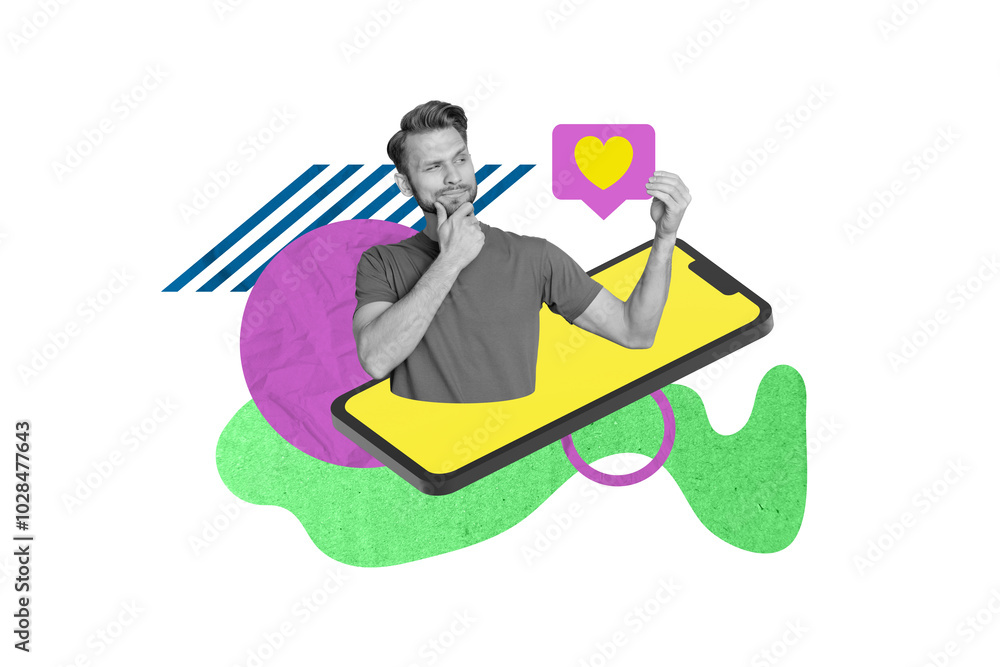Poster creative abstract template collage of young man hold paper heart notification icon thinking minded d