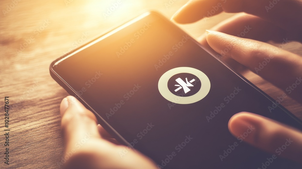 Poster close-up of hands using smartphone with a circular app icon, showcasing modern technology and connec
