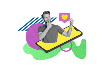 Creative abstract template collage of young man hold paper heart notification icon thinking minded device gadget display social media date
