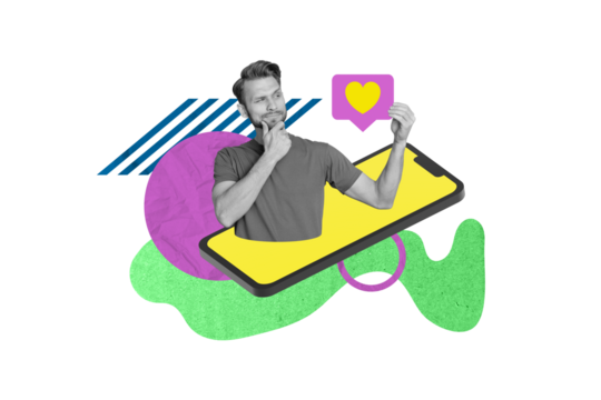 Creative abstract template collage of young man hold paper heart notification icon thinking minded device gadget display social media date