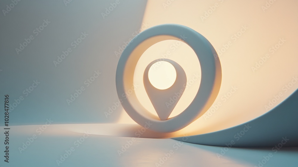 Poster a stylized location pin symbol illuminated against a soft gradient background.