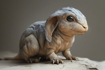 creature of ai // cute alien rabbit puppy, clay sculpture, smoothy gray, large black eyes, dark background, photorealistic