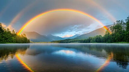 A rare double rainbow stretching across the sky and reflection at the river, with vibrant colors mirrored above a lake