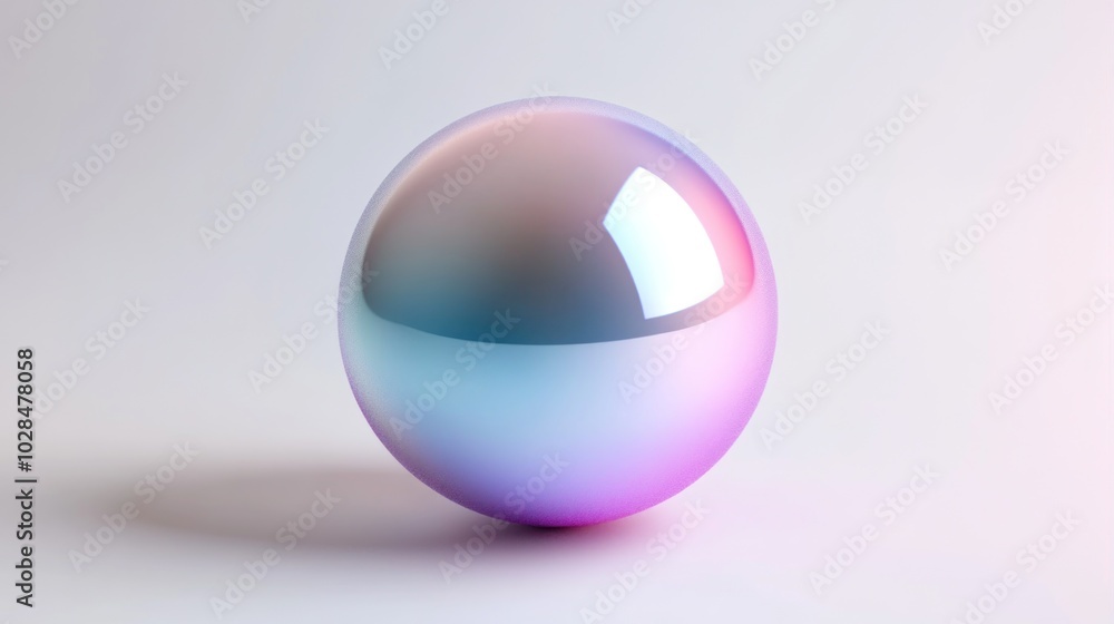Poster a reflective, iridescent sphere with a gradient of colors on a smooth surface.