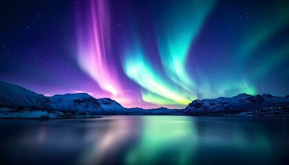 A majestic aurora borealis lighting up the night sky with vibrant green and purple hues