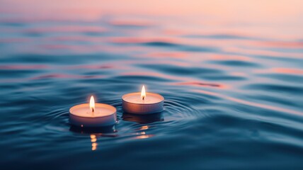 Tranquil dusk scene with floating candles illuminating a calm water surface, creating a serene ambiance.