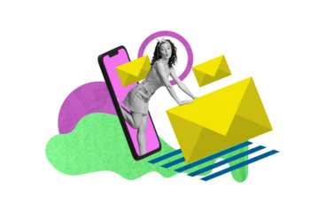 Creative trend collage of young attractive female lady screen smartphone device gadget envelope letter social media notification