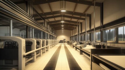 Long Industrial Corridor with Machinery and Windows