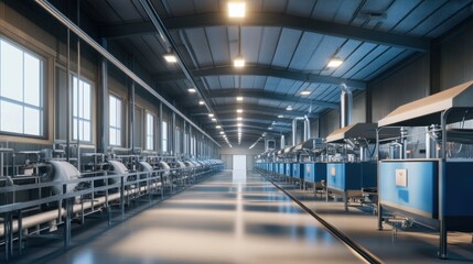 Naklejka premium Industrial Factory Interior with Rows of Machinery and a Bright, Empty Corridor