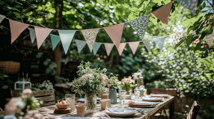 Fototapeta premium Outdoor Party Decoration with Pastel Bunting