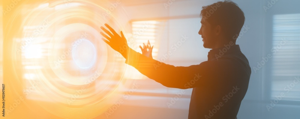 Aufkleber a person interacts with innovative technology, showcasing a futuristic interface with glowing elemen