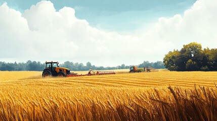 Fototapeta premium Tractors working in golden wheat field