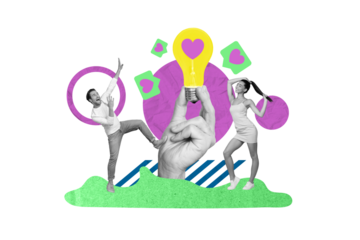 Creative poster collage of funny couple beautiful female afraid man hand hold electric bulb heart icon notification matching dating app