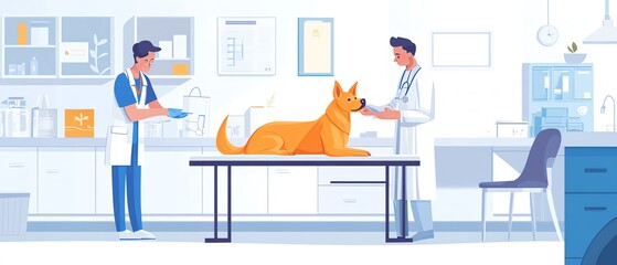 Veterinarians examining a dog in clinic