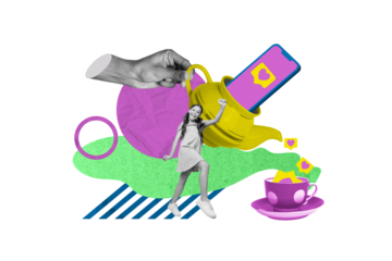 Creative poster collage of excited female teen child drinking tea hand hold social media heart icon notification funny happy