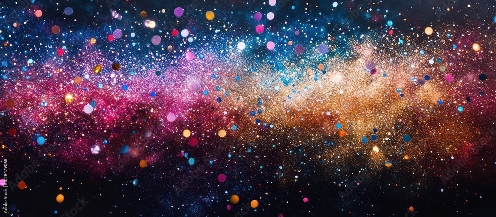 Poster abstract background of colorful bokeh lights and sparkles resembling a starry sky.