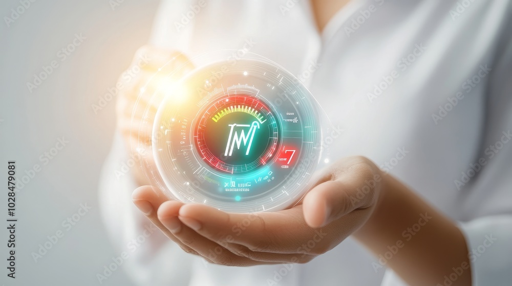 Aufkleber a person holds a futuristic holographic interface with dynamic graphs and data, symbolizing technolo