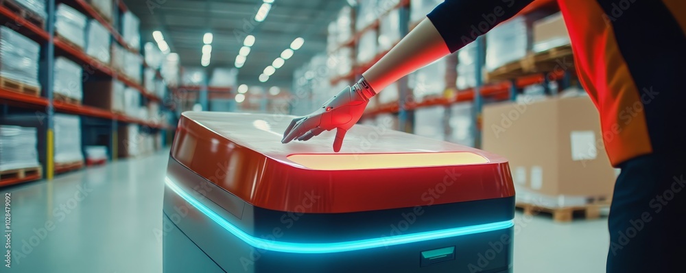 Poster a worker interacts with an advanced automated system in a warehouse, showcasing modern logistics tec