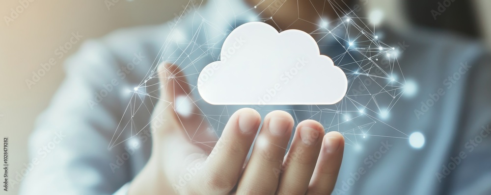 Poster a person holds a cloud symbol, representing cloud computing, technology, and data management in a di