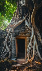 Ancient stone doorway overgrown with tree roots.