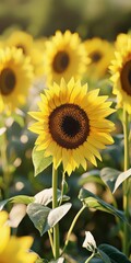 Obraz premium A vibrant sunflower stands tall amidst a field of blooming sunflowers, radiating warmth and cheerfulness.