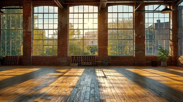 A grunge brick hall with large windows, parquet flooring, and sunlight, perfect for a modern loft concept.