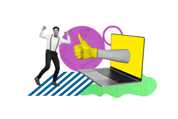 Composite collage image of dancing young man gentleman celebrate hand gesture like thumb up device netbook screen showing sign social media