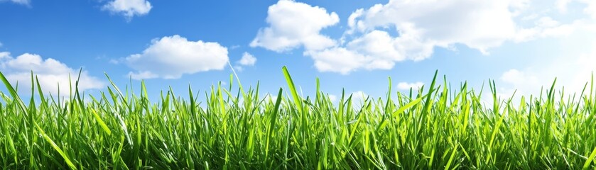 Obraz premium Lush green grass and vibrant blue sky, a serene landscape